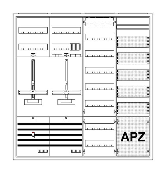 Zählerschrank  1 Zählerfeld + 1 TSG Feld + 1 Verteilerfeld - 1 Kommunikationsfeld + APZ